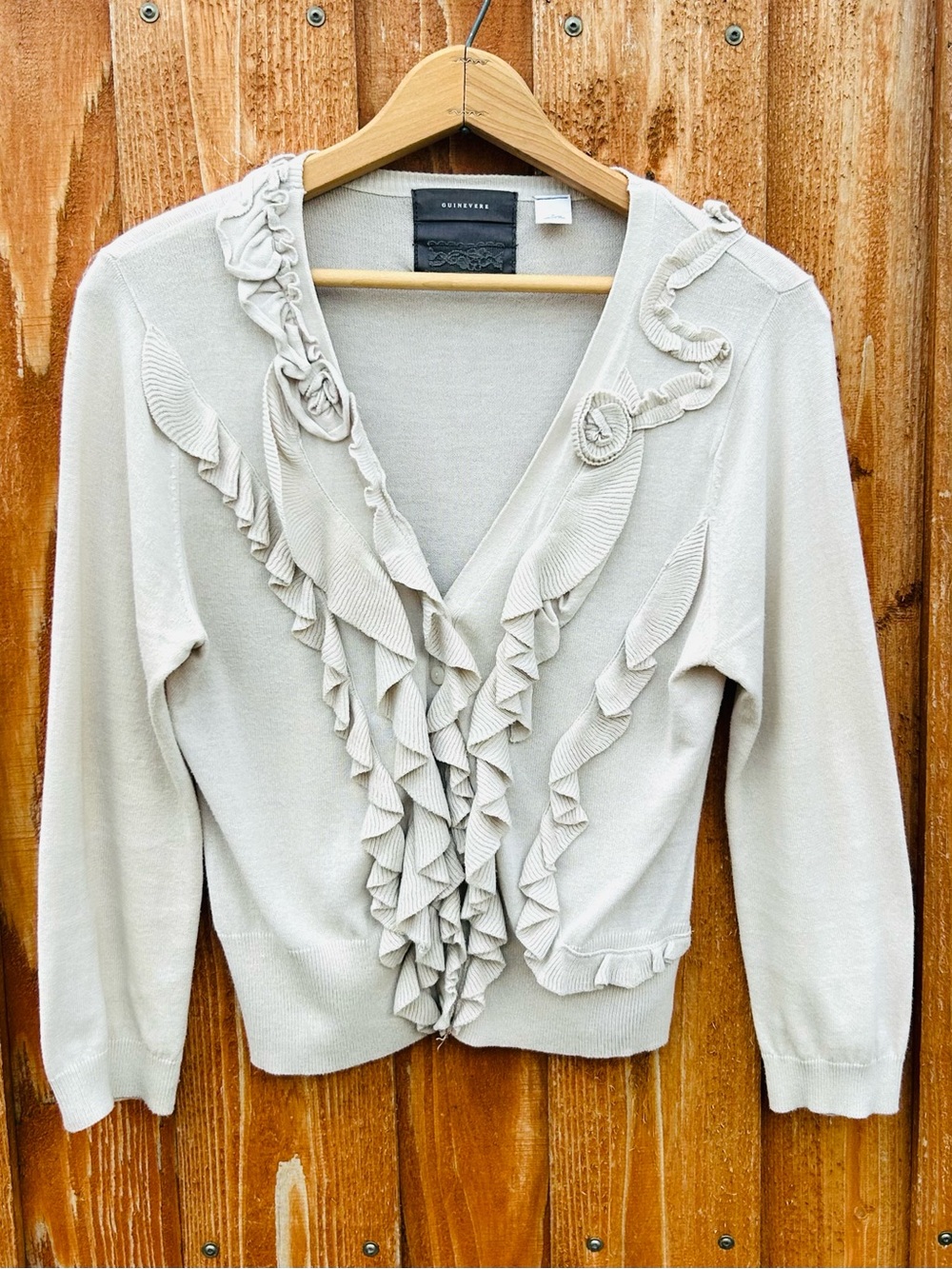 Anthropologie Guinevere Roaming Frills Oatmeal Knit Cardigan Cotton Size M